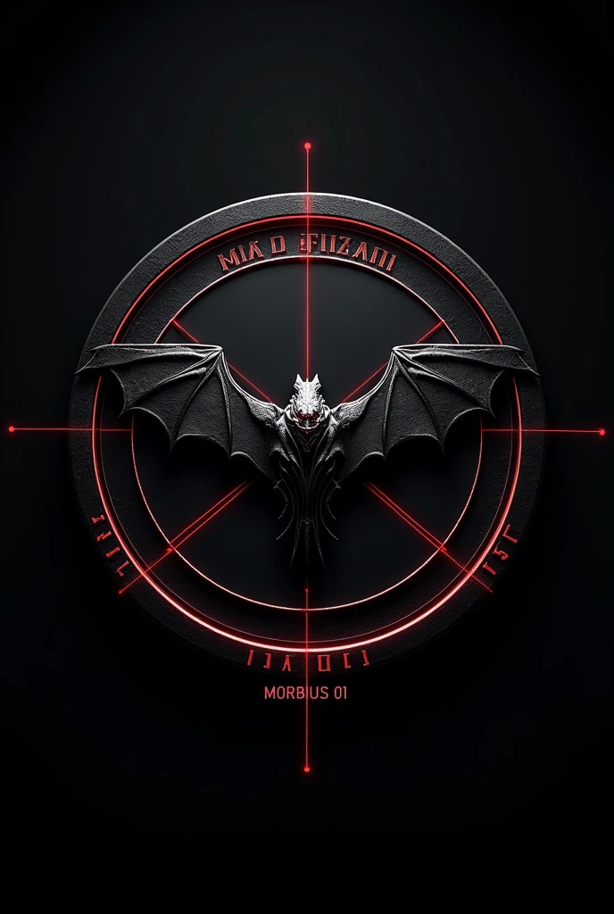 design:
Parche's Fund: A background in dark tones (black and gray) to reflect the atmosphere of a night battlefield, similar to the atmosphere of Morbius, circular shape.
Central Element: A stylized emblem of a bat with outstretched wings, symbolizing constant vigilance and the ability to "hunt" air threats, Inspired by the character of Morbius.
Secondary Details: Incorporating elements of technology and precision, such as fine lines or graphics representing radar or defense systems, alluding to the high technology and precision required for air defense.
Text: On top, the text “AIR DEFENSE” in large letters and at the bottom, “Morbius 01” in smaller letters, both in a modern and robust font style.
colors: Use a black color palette, Dark grey and dark red accents for an intense and professional touch, evoking the visual style of Morbius.