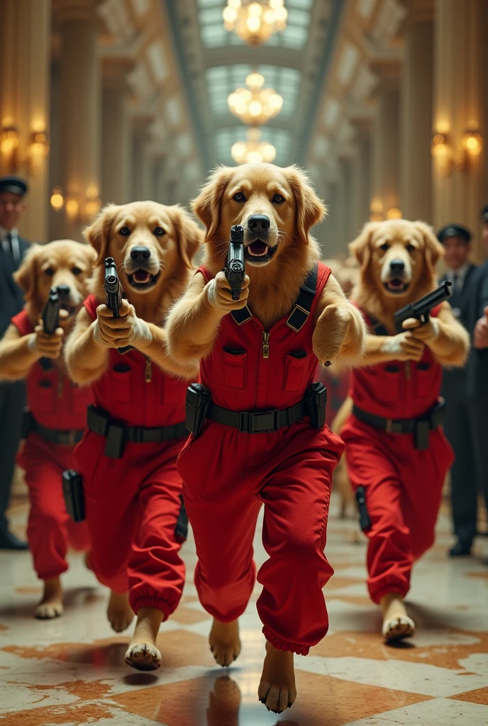 7 golden retrievers with red overalls and guns robbing a bank