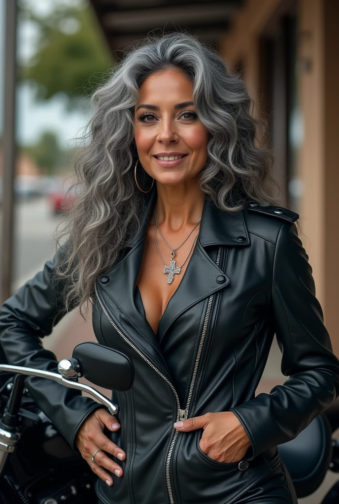 With her long, curly gray hair cascading down her shoulders, a older gray haired Selena Gomez appears as a mature and confident woman at 50 years old. She stands proudly next to her motorcycle, donning a sleek leather motorcycle outfit that complements her gray hair. This imagery is portrayed in a photograph that captures her strong presence and timeless beauty. The richness of detail in this image is astounding, from the intricate folds of her outfit to the subtle lines on her face that tell a story of experience and wisdom. This high-quality depiction showcases Selena Gomez in a captivating light, blending elegance with a hint of rebellious spirit.