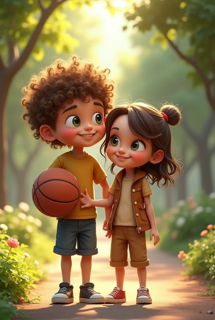 Image of a couple confirmed by a boy with curly, almost blond hair and tanned green eyes with a basketball and a shorter girl with wavy brown hair, white girl with brown eyes accompanying him in a park