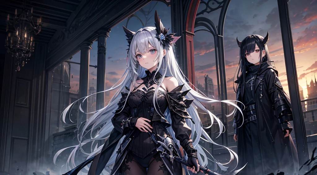 (最high quality、High resolution、Textured skin、high quality、Caution about scars、Precise CG unification、gameCG、Fine and beautiful eyes: 1)、(One person)、grim Reaper、Silver Hair、Are standing、Ruined Castle、grim Reaperの鎌、Messenger of Destruction、Dark costume、Adult women、