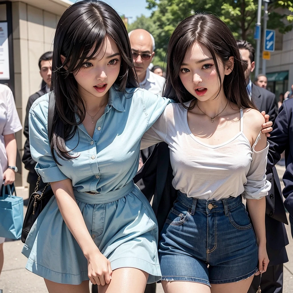 Beautiful and innocent high school girls and perverted men, Molested by perverted men lying in wait, A beautiful, youthful figure like an idol, Screaming with her mouth open in public shame, Glaring shyly at the viewer, Surrounded by perverted men and held in a chokehold, There's no escape, Beautiful black hair, Increased sensitivity, Beautiful Eyes, Ultra high definition, Clear white skin, Slender body, Japanese, Anatomically correct