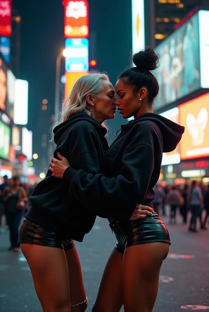 black woman hair in a bun black hoodie black leather short shorts bent over and old woman humping her bump time square new york city