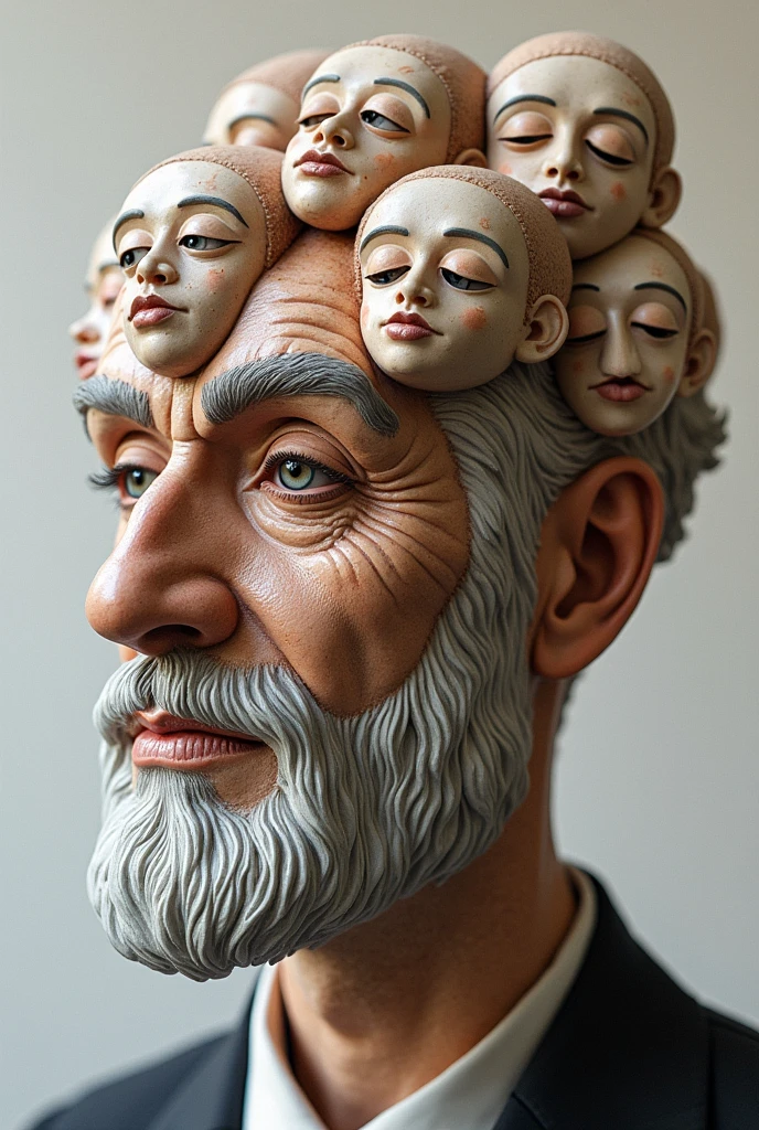 Expressionist artwork images of multiple floating ceramic heads of muslim men, 3d collage style, make it weird and gallery worthy