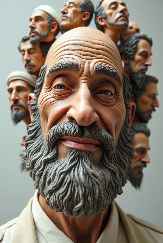 Expressionist artwork images of multiple floating ceramic heads of muslim men, 3d collage style, make it weird and gallery worthy