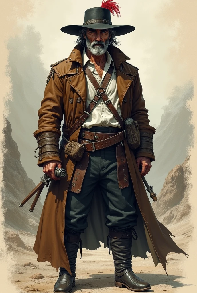 I want you to generate a man with the following description. middle aged man, with a face marked by the scars of many battles. Strong and resistant build, It measures about 1.80 meters tall and has dark, somewhat graying hair., which is usually worn long and tied back. His gaze is penetrating, with grey eyes that seem to have seen more than they care to remember. He wears a wide-brimmed black hat with a red feather., a brown leather jacket reinforced with studs and a white linen shirt underneath it, He wears black pants and black boots, and carries a rapier and a pair of flintlock pistols.. Draw it in the style of an old adventure book