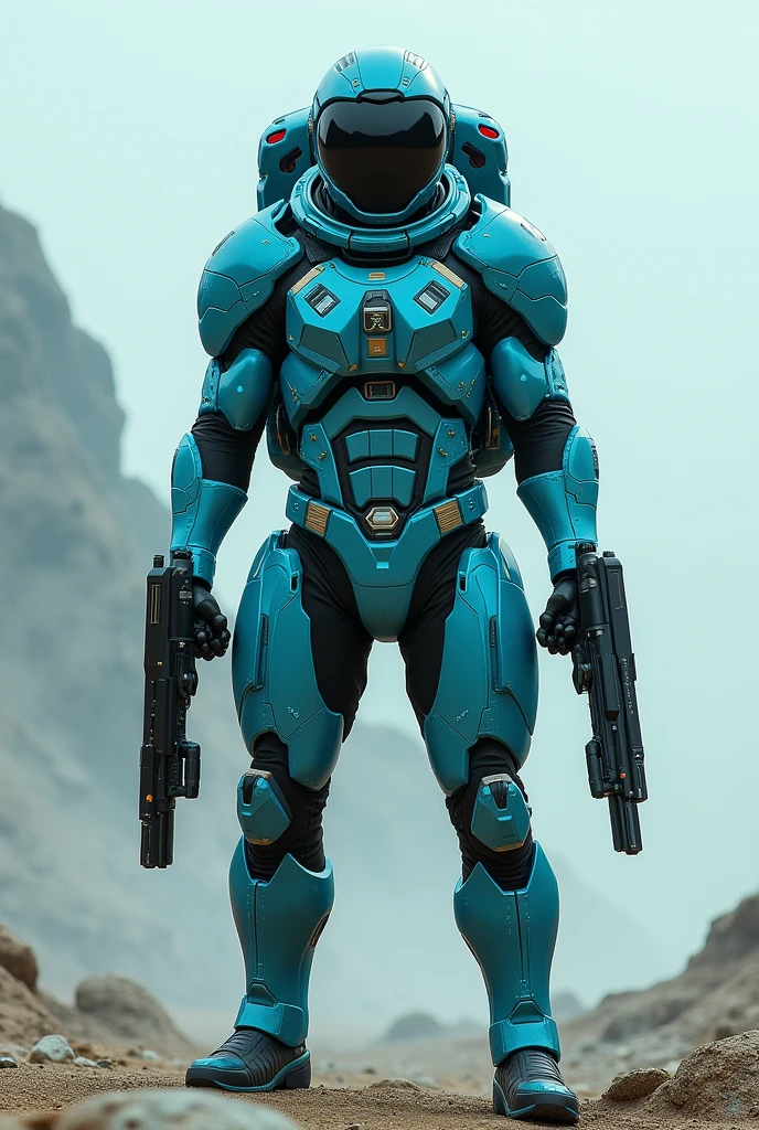 Astronaut with black helmet and cyan suite with two guns full body
