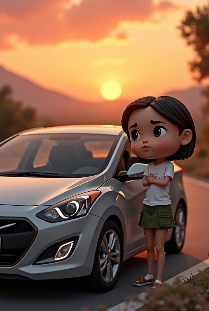 Hyundai i30 year 2012 gray color with a young girl in a military green skirt and a white short funko pop style t-shirt on a road at sunset