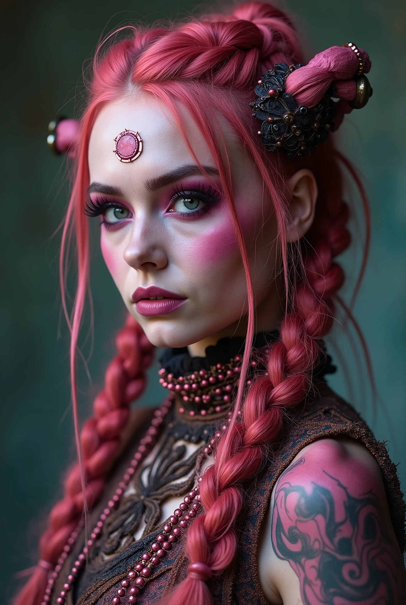 a woman, fractal punk, braid hair, portrait shot, beautiful female, pink fair skin, she is dressed in shaman clothes, cryptopunk, heavy makeup,
