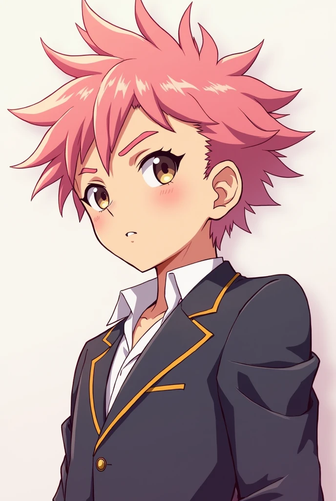 a pink-haired boy in an anime-style undercut haircut, brown eyes, wearing the Jujutsu Kaisen anime school uniform, musculoso