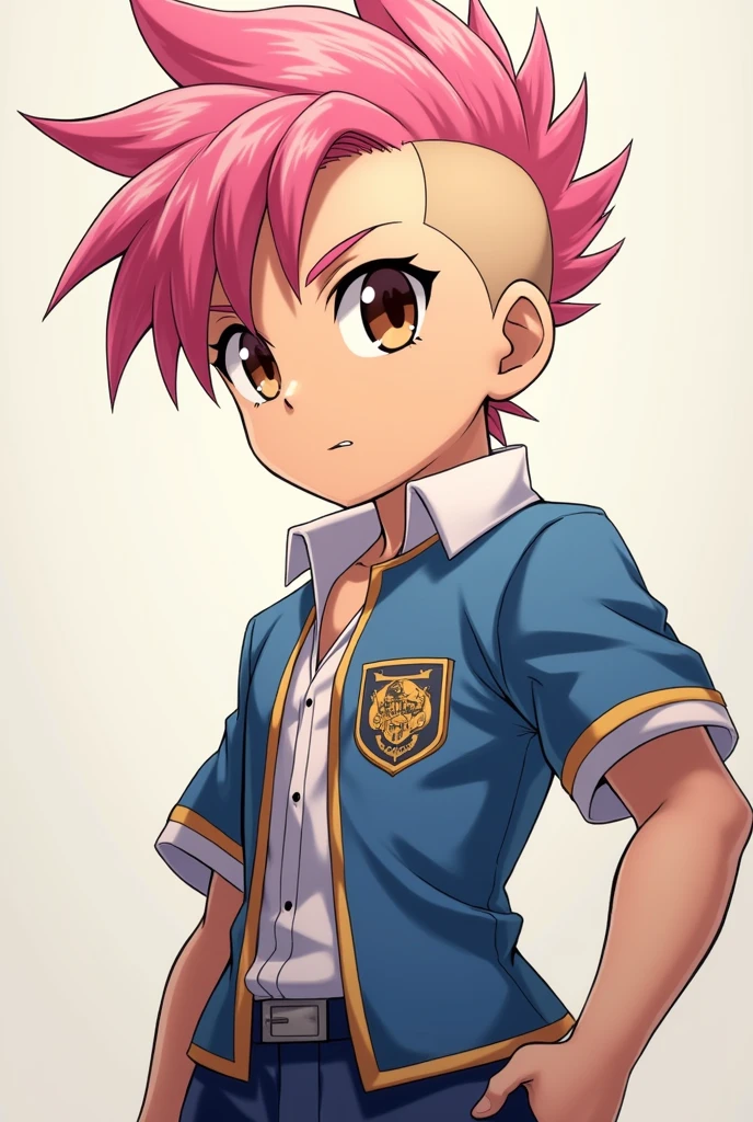a pink-haired boy in an anime-style undercut haircut, brown eyes, wearing the Jujutsu Kaisen anime school uniform, musculoso