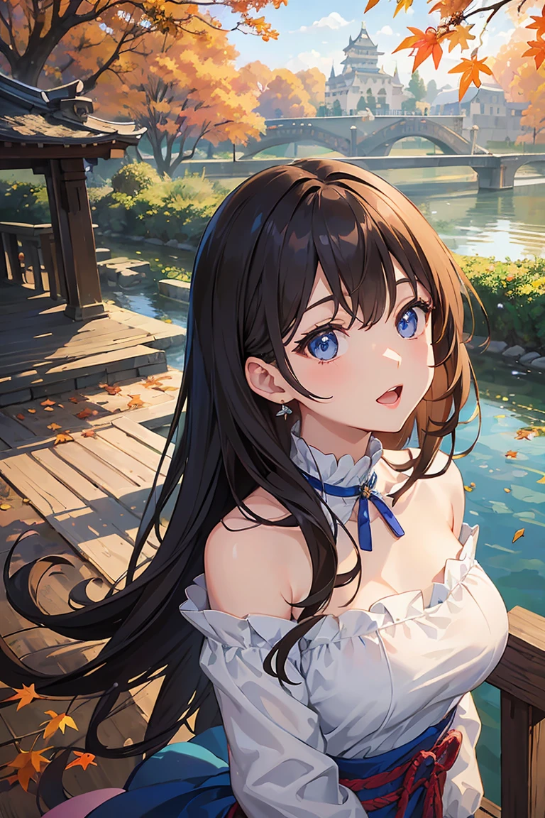 (Highest quality), (masterpiece)、(Very detailed)、(Beautiful girl alone)、(cute)、20-year-old、Take-out、(evening)、(Promenade in the nature park)、sweater、(Off the shoulder)、Long sleeve、(Outdoor)、(Lots of trees with autumn leaves)、light up、Light brown hair、(blue eyes)、Detailed eyes、Eyes Wide Open、Detailed face、Laughter、Please keep your mouth open、Big Breasts、Hair length、(Upper Body Shot)、Japanese castle in the background、Standing on the bridge、(look up:1.3)