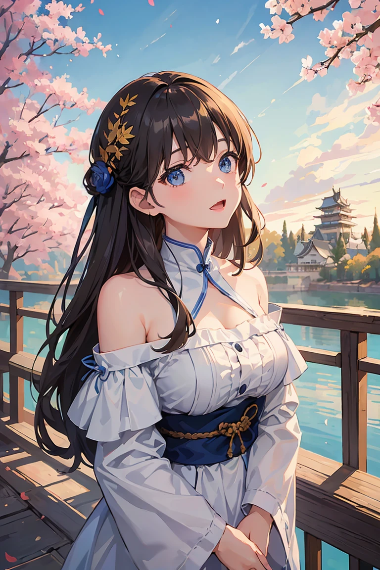 (Highest quality), (masterpiece)、(Very detailed)、(Beautiful girl alone)、(cute)、20-year-old、Take-out、(evening)、(Promenade in the nature park)、sweater、(Off the shoulder)、Long sleeve、(Outdoor)、(Lots of trees with autumn leaves)、light up、Light brown hair、(blue eyes)、Detailed eyes、Eyes Wide Open、Detailed face、Laughter、Please keep your mouth open、Big Breasts、Hair length、(Upper Body Shot)、Japanese castle in the background、Standing on the bridge、(look up:1.3)