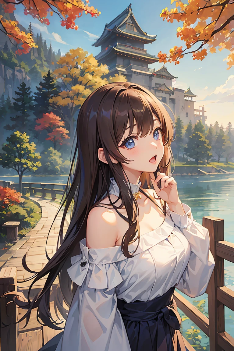 (Highest quality), (masterpiece)、(Very detailed)、(Beautiful girl alone)、(cute)、20-year-old、Take-out、(evening)、(Promenade in the nature park)、sweater、(Off the shoulder)、Long sleeve、(Outdoor)、(Lots of trees with autumn leaves)、light up、Light brown hair、(blue eyes)、Detailed eyes、Eyes Wide Open、Detailed face、Laughter、Please keep your mouth open、Big Breasts、Hair length、(Upper Body Shot)、Japanese castle in the background、Standing on the bridge、(look up:1.3)
