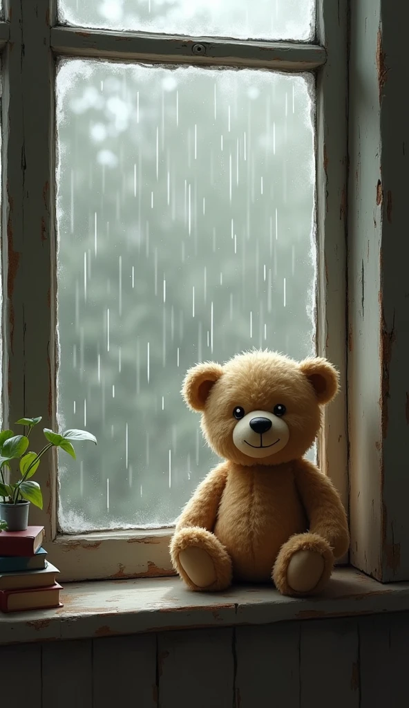 A teddy bear sitting on a window sill while it was raining.