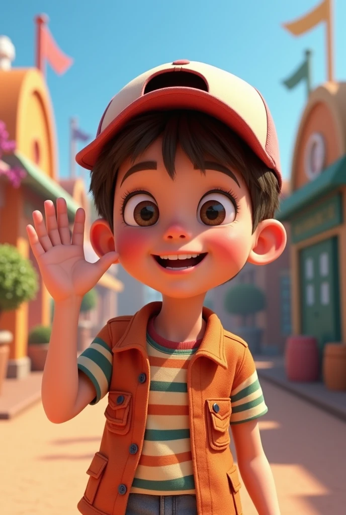 A young pixar style brunette with a cap backwards waving