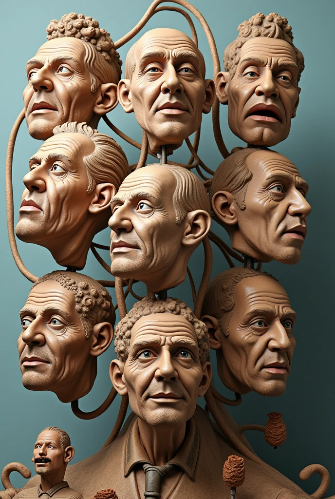 Expressionist artwork images of multiple floating ceramic heads of jewish men, 3d collage style, make it weird and gallery worthy