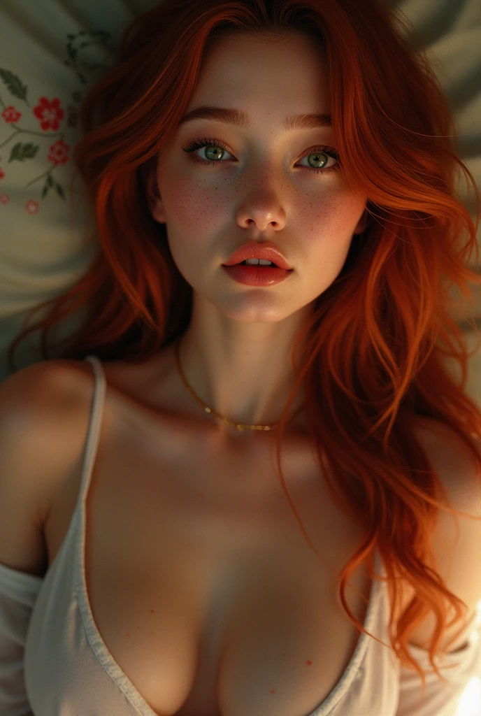 Young curly redhead freckled Asian woman with green eyes long eyelashes thin nose and graceful curves sitting masturbating