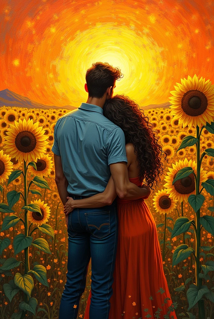 painting in the style of Vincent van Gogh, full of vibrant brush strokes and intense colors. The scene shows a couple hugging in a field of sunflowers.. The girl, with long curly hair, gently leans on the man's chest. He, tall and with a protective posture, wraps his arm around her. Both are back to back, looking at a radiant sunset that tints the sky with warm, golden tones. sunflowers, with its stylized stems and flowers, They add a dynamic and lush texture to the landscape, while energetic brushstrokes capture the emotion of the moment.