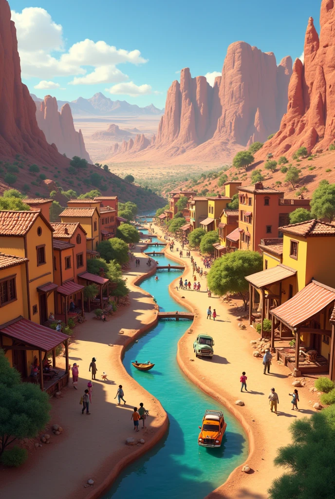 A small town in the desert with trees cars river 3d animation, Disney, pixar. 
