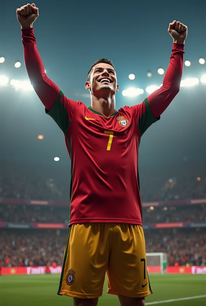 Celebration after a Goal** :
"cristiano Ronaldo levant les bras au ciel, celebrating after scoring a decisive goal. His radiant smile and the energy of the supporters around him create a festive atmosphere.. Keywords : cristiano.maillo Portugal.number 7 standard mode ;4hd