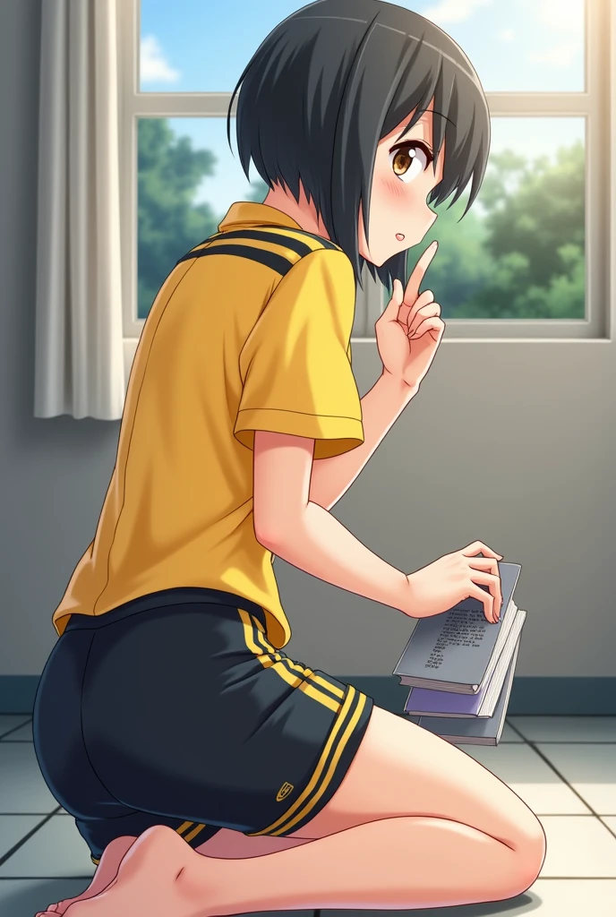 1 girl with almost short hair wearing a yellow short-sleeved uniform shirt with black stripes on the shoulders and black mini shorts with yellow stripes on the sides and made of synthetic material and she drops her books and bends down to pick them up and she looks big assed and sexy and a boy looks at her sexily and comes and puts his finger in her vagina seen from behind and the girl looks at him blushing