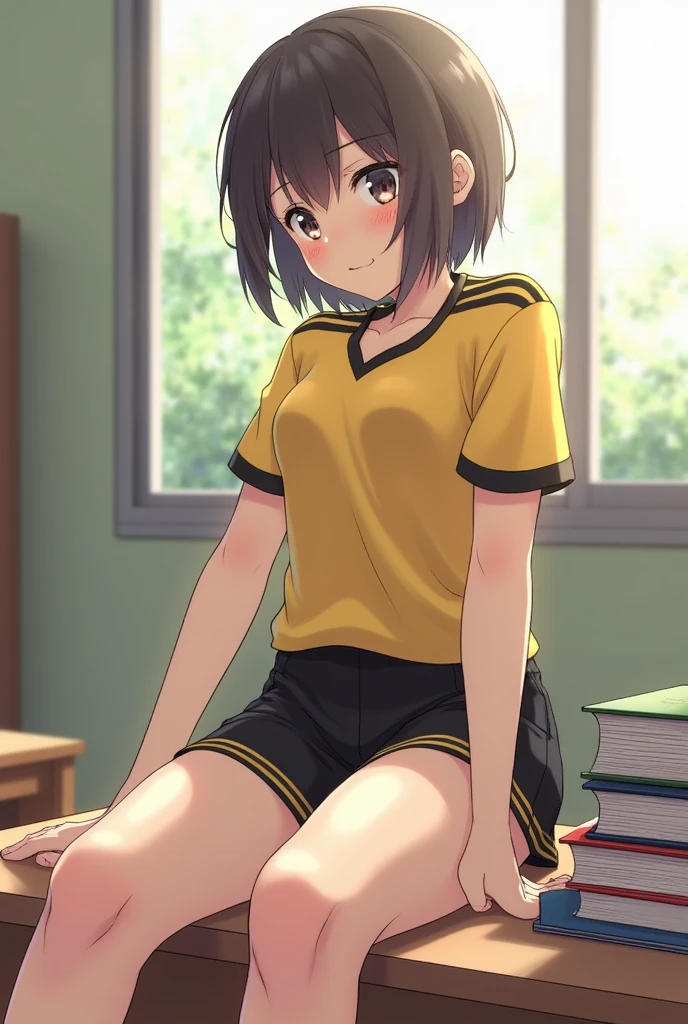 1 girl with almost short hair wearing a yellow short-sleeved uniform shirt with black stripes on the shoulders and black mini shorts with yellow stripes on the sides and made of synthetic material and she drops her books and bends down to pick them up and she looks big assed and sexy and a boy looks at her sexily and comes and puts his finger in her vagina seen from behind and the girl looks at him blushing