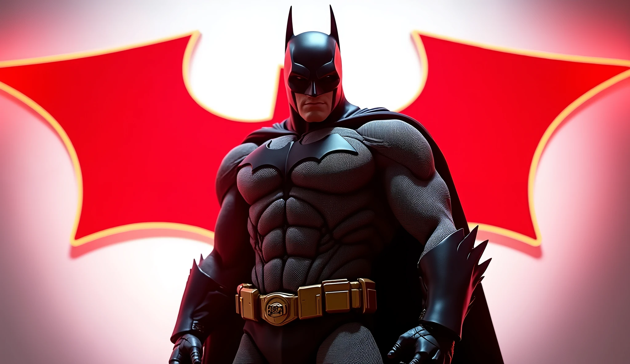Batman (Dc comics), a giant red neon sign on white, hiperrealisitics, realisitic, a very muscular body in the renatosphere, epic 3D realism, swollen muscles, large fists, best in wlop, kan liu, daz3d, trends in CGsociety, estilo realisitic hiperdetalhado, completo cosplay, by Ric Nagualero, album, hyung tae kim, 8k, irreal engine 5, film composition, retratos realisitics hiperdetalhados, 3D game art, CG Society, Fantasyart, hd art of season, estética realisitic, cinematic lighting, border light, smooth light, border light de filme, fine glow, ultradetailed, 8k, uso realisitic de luz e cor, cinematic light, rendered in cinema4d 500–1000 AD -- ar 3:4- Niji 6