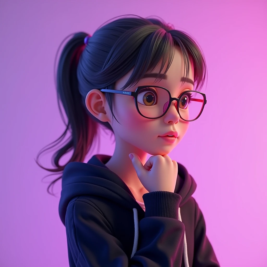 Young not asian girl with pink, rectangular and thin glasses, medium-long, tied-up, dark brown hair, wearing a black sweater with hoodie, in 3d style with purple background