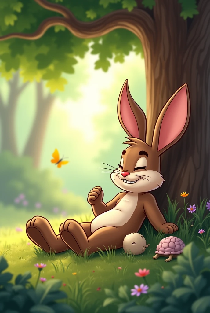 Create animated cartoon cute The Hare Takes a Nap
The Hare was so far ahead that he decided to take a nap under a tree. He thought, “The Tortoise is so slow, I’ll still win even if I sleep a little.” explain story in image