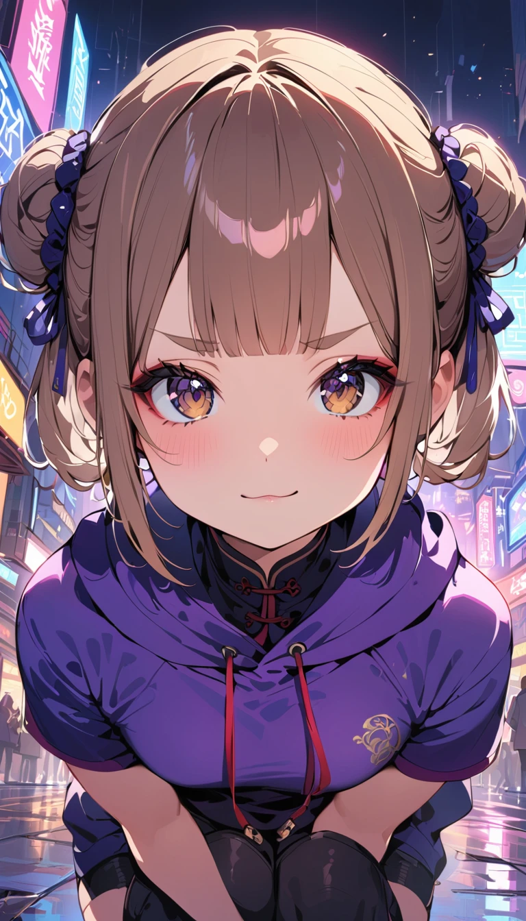 (((masterpiece, Highest quality, 1 girl with cat ears, alone, 独奏))), (((two side bun hairstyle, a little lighter brown hair,Lift all the hair on the sides, Very short, round eyebrows:1.8, bangs, Beautiful Eyes, Droopy eyes:1.6, Black Eyes))), (smug face, :3 face, smug face, Close your mouth, Red round cheeks, Mouth ω) View your viewers, 1, (((Navy blue Chinese style hoodie, Purple hoodie strings), Dark blue long boots)), Small breasts, ((Upper Body, arms behind)), from the front, full moon, A city full of neon lights in China, Many faint particles of light on the entire screen,