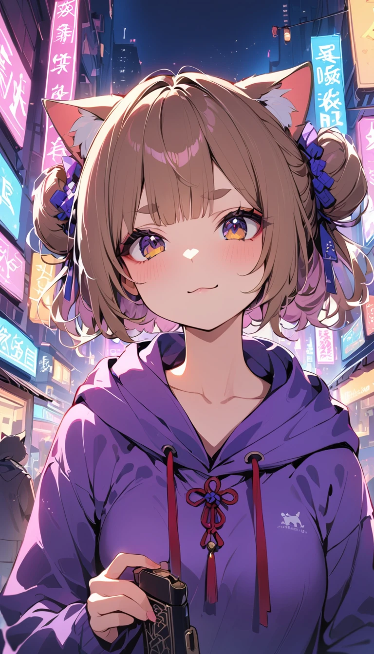 (((masterpiece, Highest quality, 1 girl with cat ears, alone, 独奏))), (((two side bun hairstyle, a little lighter brown hair,Lift all the hair on the sides, Very short, round eyebrows:1.8, bangs, Beautiful Eyes, Droopy eyes:1.6, Black Eyes))), (smug face, :3 face, smug face, Close your mouth, Red round cheeks, Mouth ω) View your viewers, 1, (((Navy blue Chinese style hoodie, Purple hoodie strings), Dark blue long boots)), Small breasts, ((Upper Body, arms behind)), from the front, full moon, A city full of neon lights in China, Many faint particles of light on the entire screen,