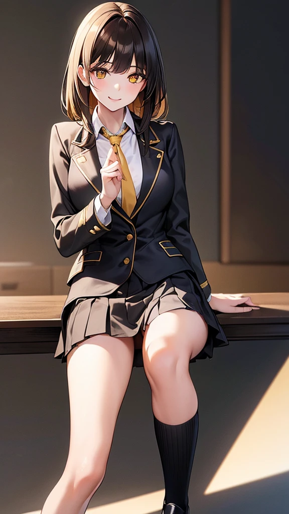 4K resolution,((Highest quality)),Ultra-high resolution,young woman, alone, sexy, (A fleeting smile), (Pale yellow eyes), Beautiful and symmetrical face, (Brown set medium hair),Blazer uniform,Dress shirt,Pleated mini skirt,Knee-high socks,Realistic:1.4,Realistic:1.4,(masterpiece:1.2),Perfect Eyes,Perfect Eyes,Perfect Legs,Open your legs a little,classroom,（Fellatio gestures:1.1）,（Open your mouth:1.2）