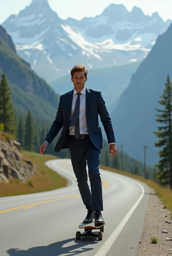 a businessman ride a skateboard on the road around mountain