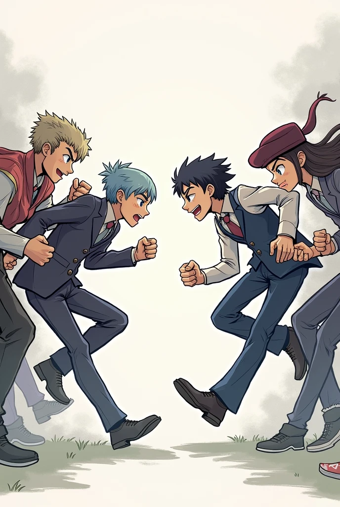 Drawing of the cover of 2 teams of characters facing each other with soldiers from both teams running towards each other. Team 1 is on the left with Villager King Pillager King Camera man and Team 2 is on the right with Kaya from the game Blue Archive Speaker man Kaiser Corporation.