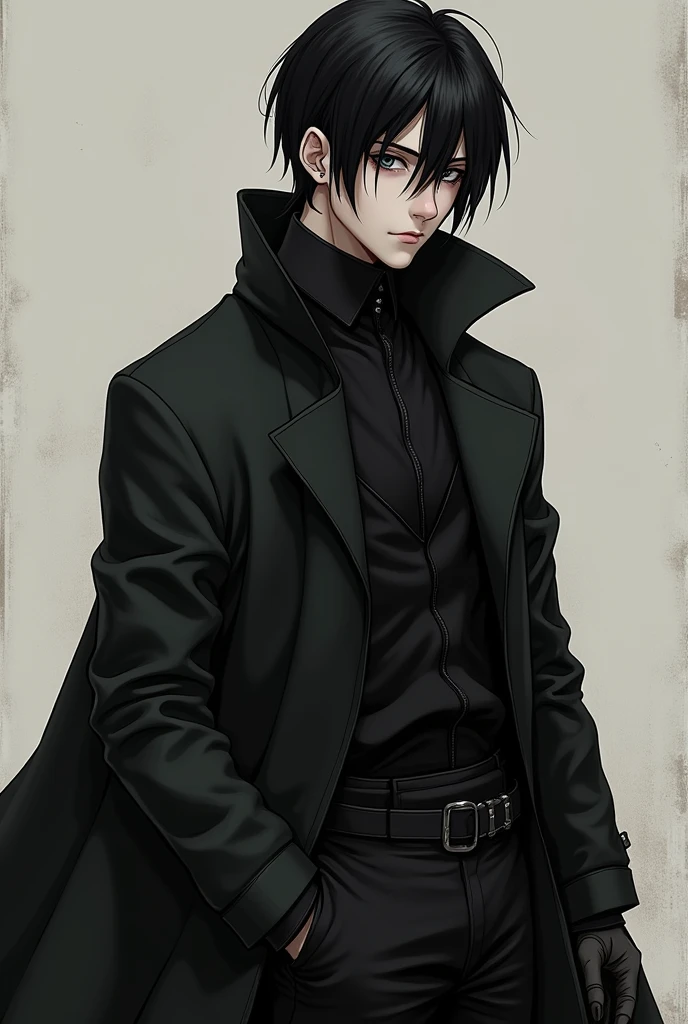 A berserk-style character, Trans man, shorth hair, but at neck height, he is very effeminate, He has 1,50 tall, dark eyes and black hair and he wears an overcoat