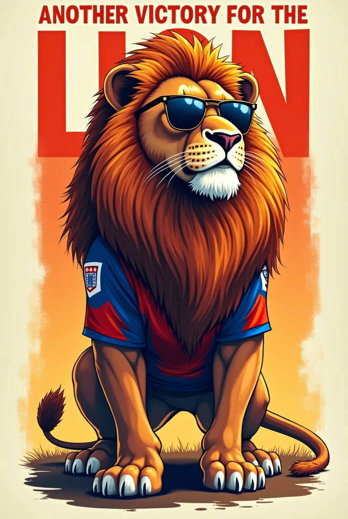 Make me a strong lion with the orange Dutch shirt and dark glasses with the phrase on top “another victory for the lion”