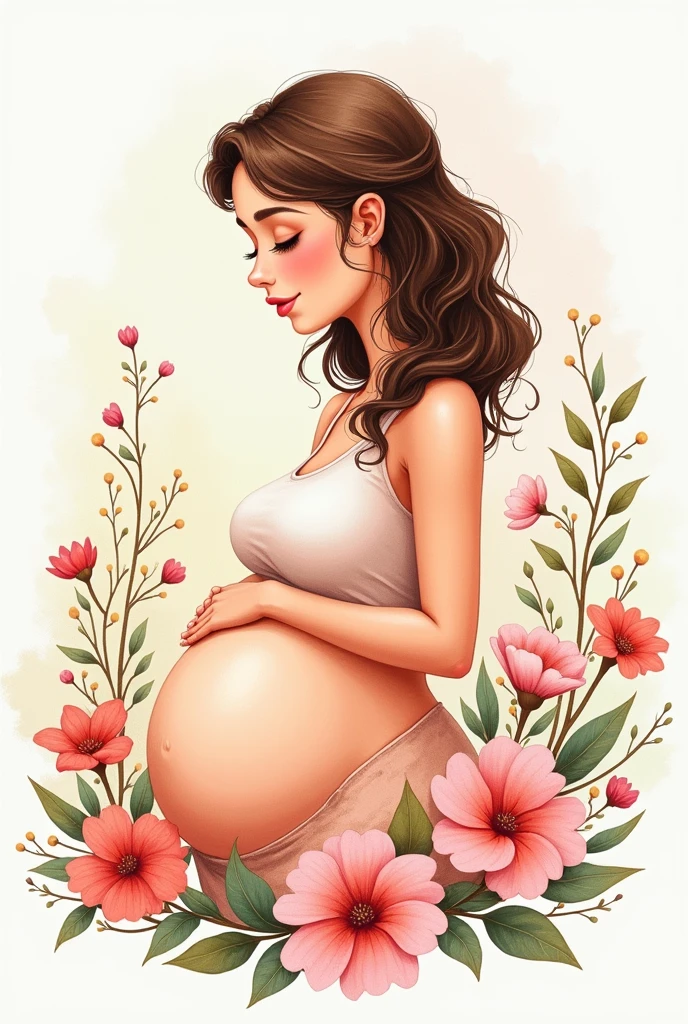 pregnant woman doodle drawing with watercolor flower details