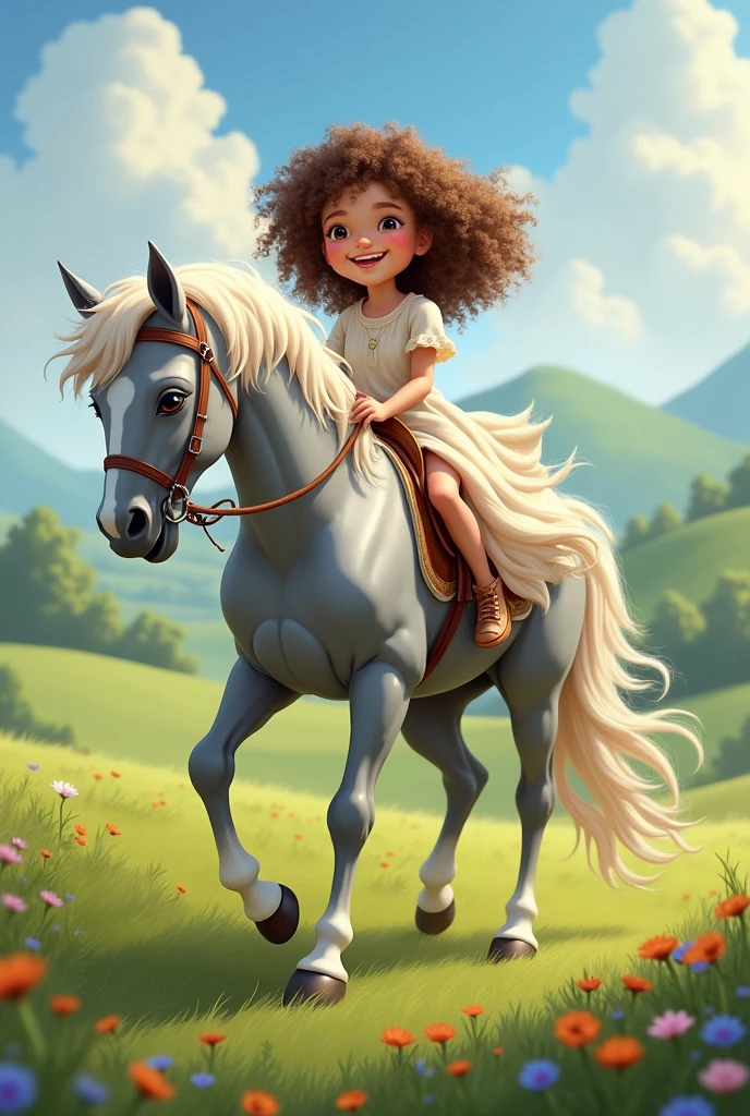 A  curly haired girl riding a grey horse with 4 white legs and a small white spot on its head