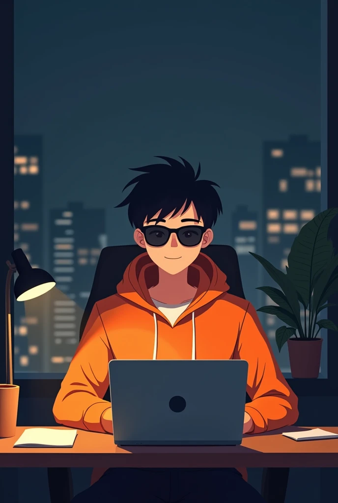 ANIME FRIENDLY LOOKING MALE BUSINESS CHARACTER, A ORANGE HOODIE AND SUNGLASSES. HE IS SITTING BEHIND HIS LAPTOP IN HIS OFFICE, ARMS ON HIS DESK. IT IS NIGHT. THE ROOM HAS VOLUMETRIC LIGHTING. HE IS FRONT FACING TO THE CAMERA, LOOKING STRAICHT AND CENTERED, CENTRAL PORTRAIT, SITTING STRAIGHT, FRONT VIEW, CENTERED LOOKING STRAIGHT. THE OVERALL AMBIANCE OF THE IMAGE SHOULD CONVEY A CONNECTION TO MINIMALISM, FLAT ILLUSTRATION, BOLD LINE, MINIMALISM, SIMPLIFIED, GOUACHE ILLUSTRATION. 8K RESOLUTION