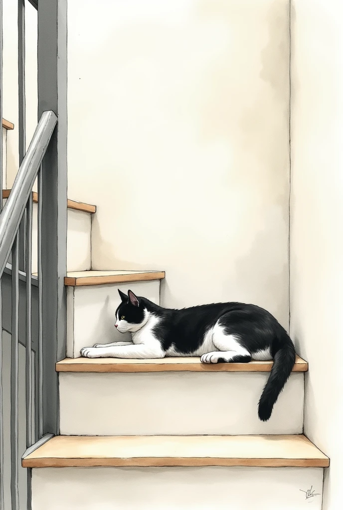 Peinture aquarelle avec espaces blancs et contours non définis : chat noir et blanc allongé de tout son long sur une marche au milieu d'un escalier la tête en appui contre les barreaux de la rampe