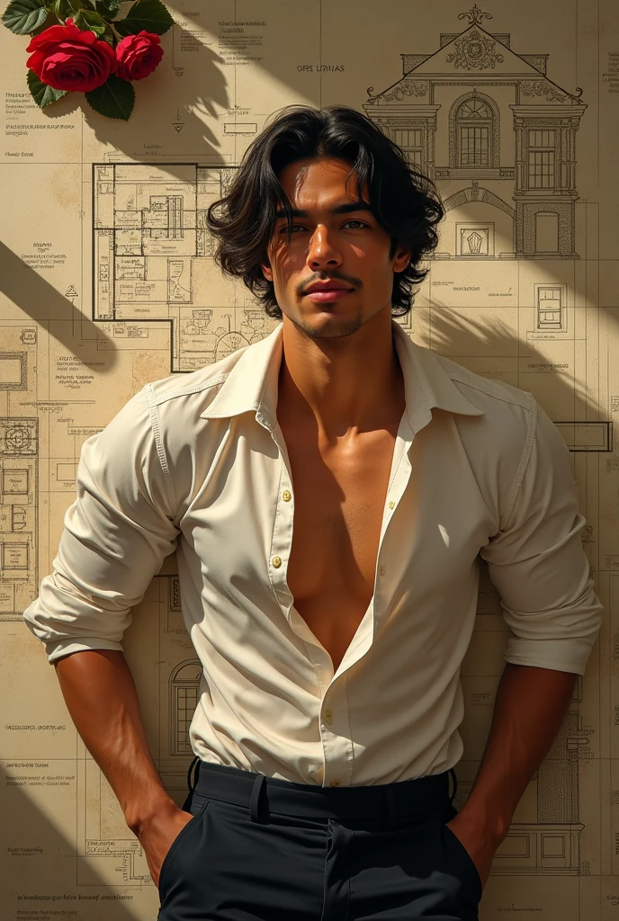 in in jc leyendecker and norman rockwell art style, "the disigner", view from above, eyebird shot, fullbody, a young latino man sitting, soft colors, with a confident look, elegant, smiling, sexy gaze, perfect anatomy, the disigner, the designer drawing plans of a church on a large architect's desk realisitic skinny detailed muscles, muscled legs, handsome, gorgeous, man adventurer, latino, rose, smirk, short bob haircut, ruffles, silk, reach intricate background, realism close up portrait, oil painting, masterpiece, shadows, expert, insanely detailed, 4k resolution, caravaggio, john william waterhouse, By Caravaggio colours, chiaroscuro, mtg, dnd, fantasy, Mysterious