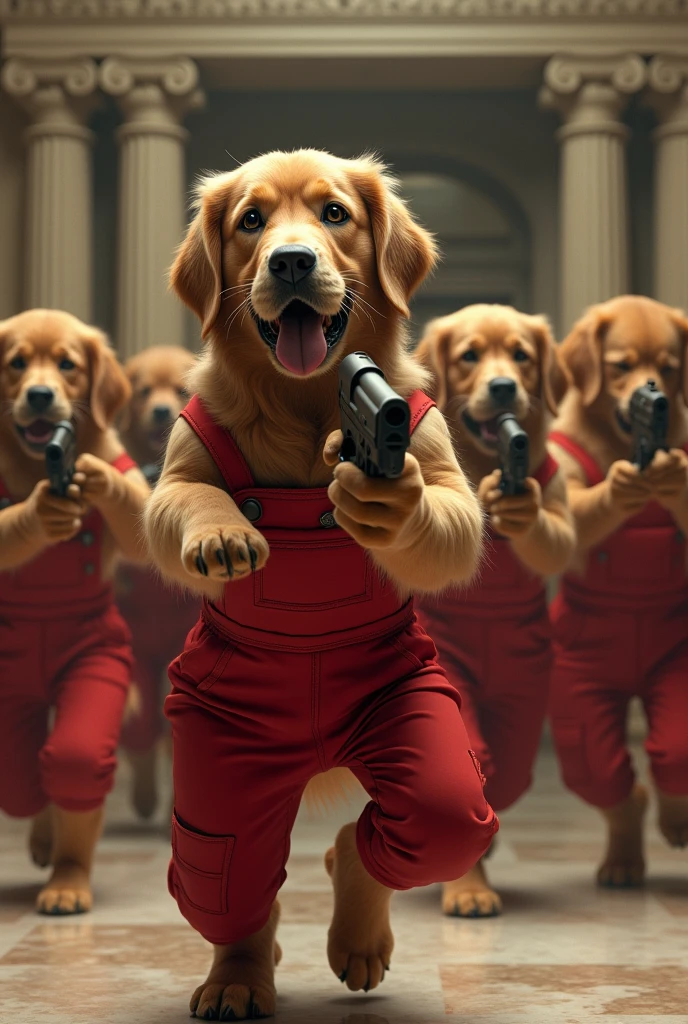 Seven golden retrievers with red overalls and guns robbing a bank