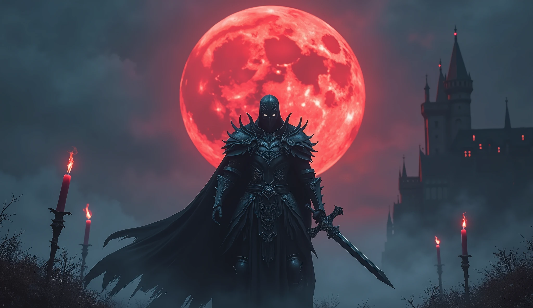 8k、 big red moon ,Equipped with dark knight armor and sword  ,zoom up(number々の賞を受賞したmasterpiece、Incredible detail、Texture、Maximum details),blue flame candle, (summoning magic),(The moonlight at night is beautiful), (Demon King&#39;s Castle),(dark organization)arafed image of a group of people in a church with candles,lit candle, dark cinematic concept art, elegant cinematic fantasy art, photorealistic dark concept art, by Beeple, dark robes, wojtek fus, gothic epic library concept, gothic epic library, epic cinematic concept art, dark concept art, Beeple and mike winkelmann, symmetrical epic fantasy art, High resolution, masterpiece, Highest quality, Intricate details, Very detailed, Clear focus, practical skin texture, texture,  Shot with Canon, 85mm, Shallow and deep, Kodak Vision Color, Exactly, Very detailed, photograph_\(Extremist\), photographpractical, practical, Post-processing, Maximum details, Roughness, Real Life, Extremist practical, Photorealism, photographgraphy, 8K Ultra HD, photographgraphy

