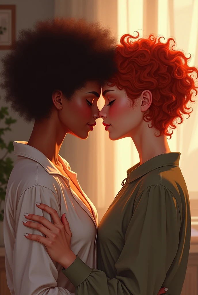 Create a drawing of two lesbian girls, one brunette with short, almost afro curly hair and the other white with short, red curly hair 
