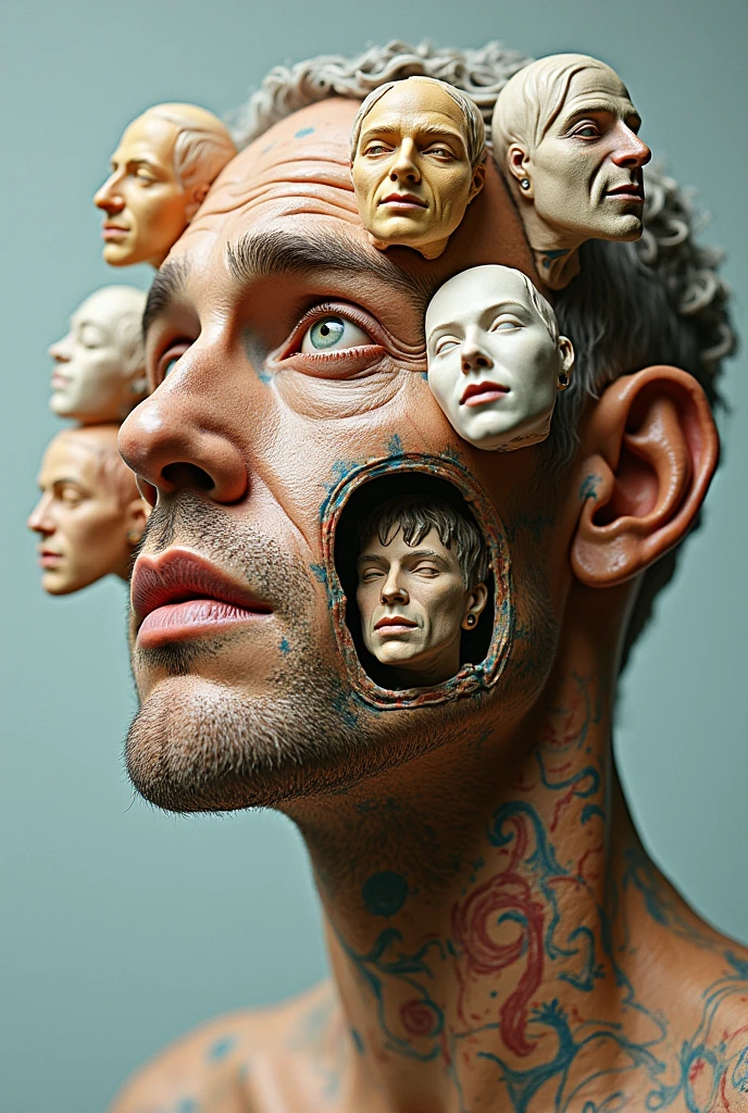 Expressionist artwork images of multiple floating ceramic heads of hebrew men, 3d collage style, make it weird and gallery worthy