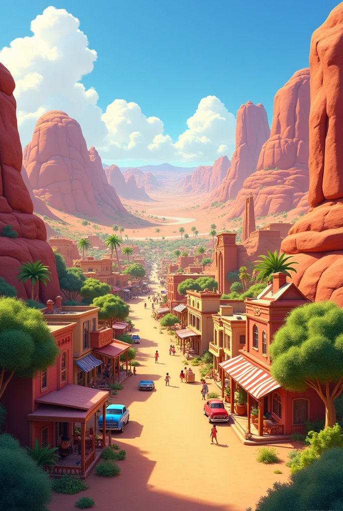 A small town in the desert with trees cars 3d animation, Disney, pixar.