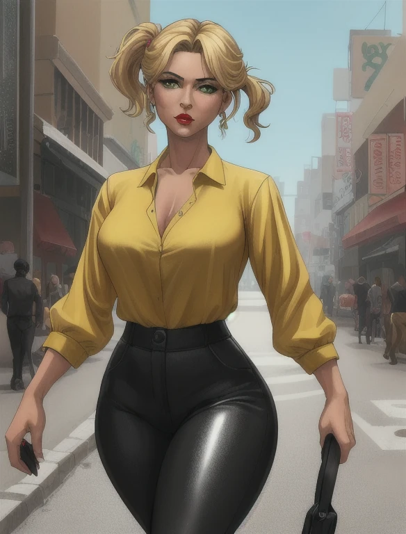 (best quality:1.3), (4K quality),masterpiece, best quality, high res, detailed, (Detailed face:1.2), (Detailed eyes:1.2), (Hourglass figure:1.2), 1girl, solo, 36-years-old, tan olive skin, short blonde hair, pony tail style, green eyes, eyeshadow, mascara, red lipstick, approximately 5'2" tall, ((Wearing a yellow blouse, shiny black leggings)), standing outside on Miami streets, people in the surroundings, busy atmosphere, cinematic lighting, detailed background, highest quality, ultra-high resolution, absurdity, realistic, physically based rendering, cinematic lighting, complex and cinematic appearance, cinematic soft light, soothing tone, high quality, masterpiece, cowboy shot, dynamic angle, portrait, Beautiful digital artwork, (mature female),(shiny skin),(looking at viewer),(anime style)