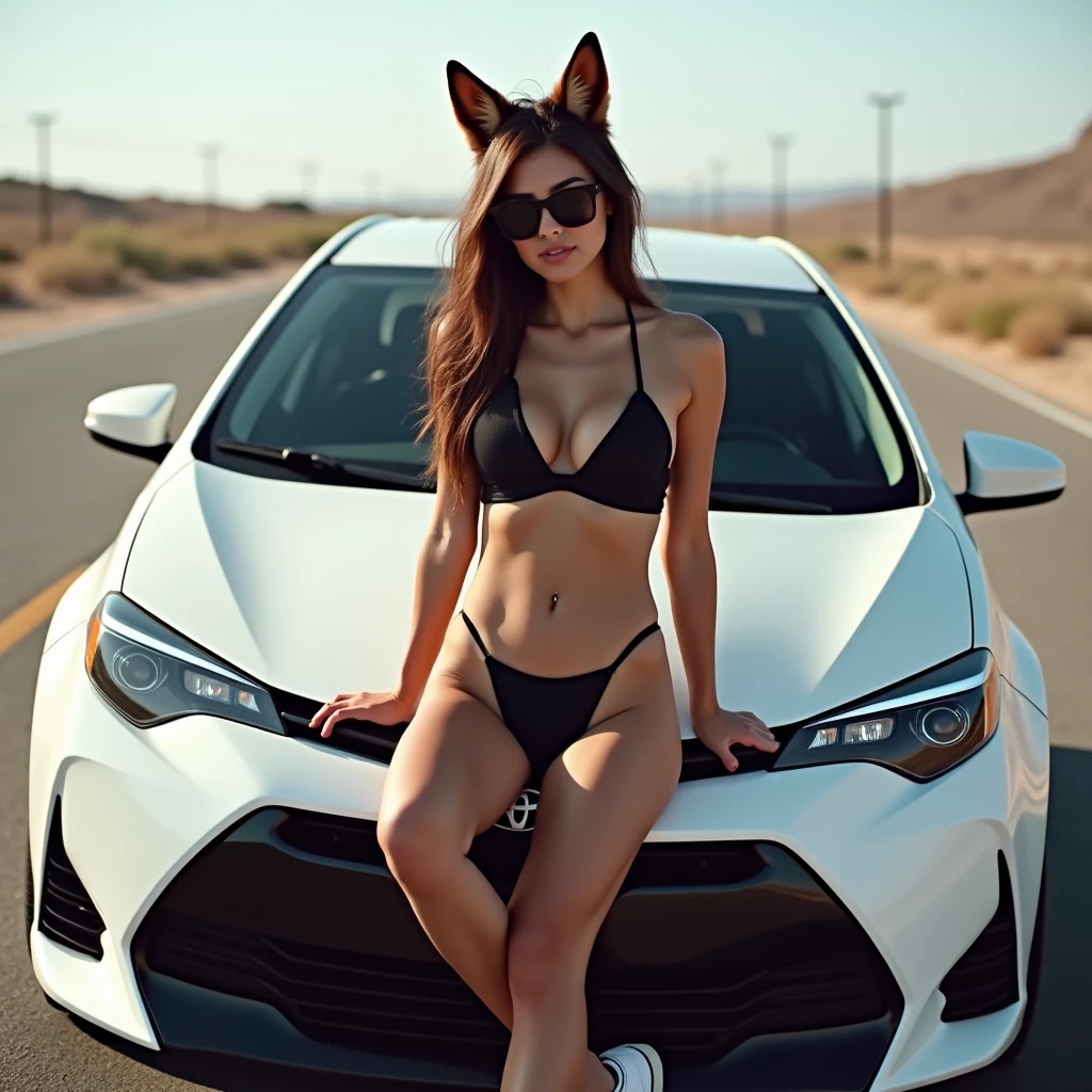 Latin woman, 21 years, White skin, Brown hair, huge breasts, huge buttocks, athletic legs, open legs, dark sunglasses, black bikini, tennis Nike, fox ears, sitting on the hood of a white 2016 Toyota Corolla car, in the middle of a deserted road, Photo taken with Canon EOS 5DS