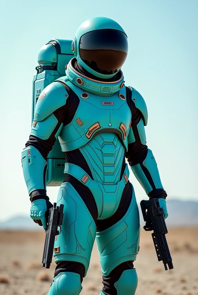 Man Astronaut with black helmet and cyan suite with two guns full body 1:1